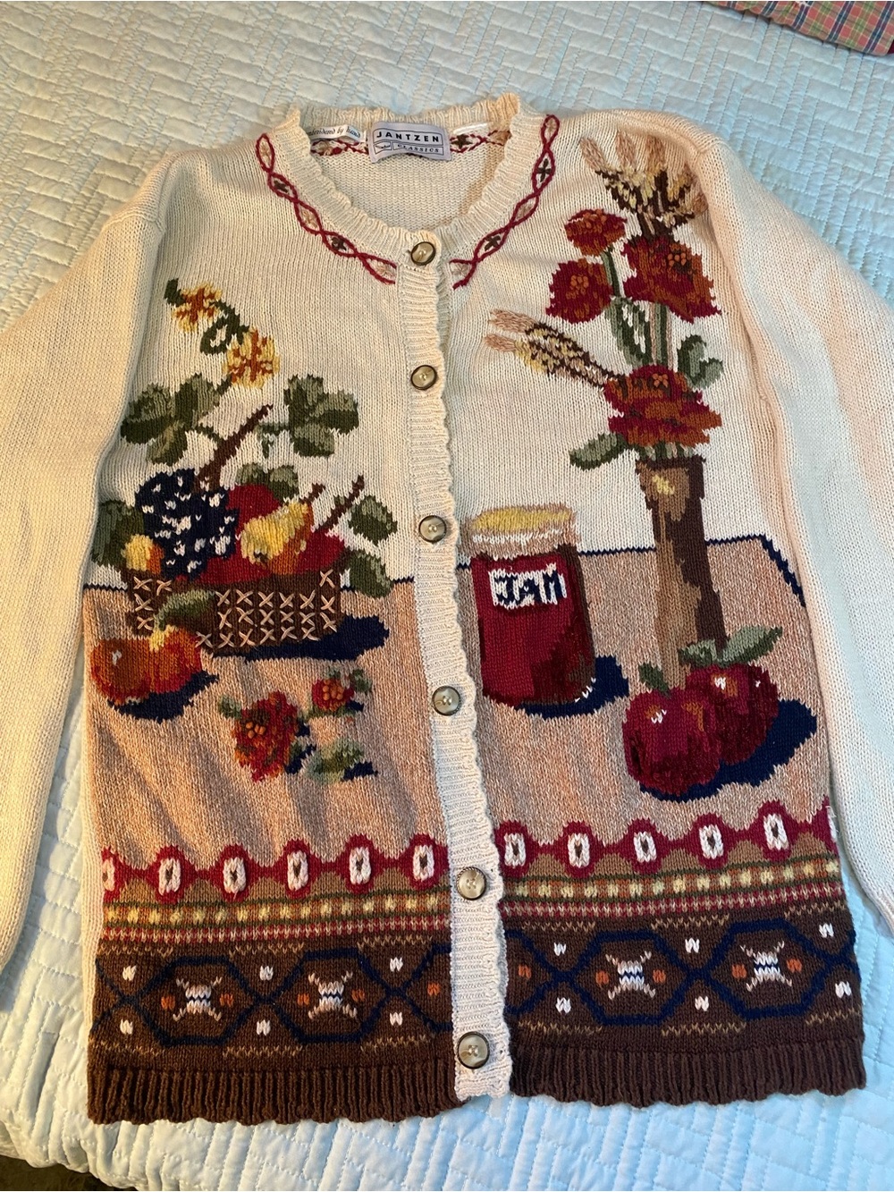Jantzen Cream Multicolor Floral and Still-Life Intarsia Cardigan Size M